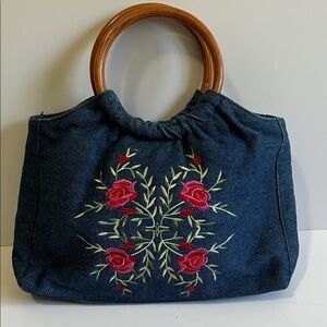 Fossil Blue Satchel with Red Floral Embroidery